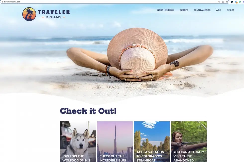 Travelerdreams dot com home page